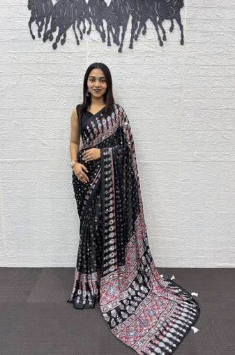 Black Color Heavy Mirror Work with Elegant Viscose Latkan Pallu Border Work Satin Silk Saree