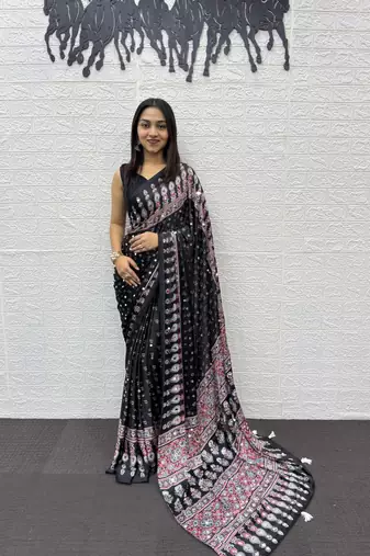 Black Color Heavy Mirror Work with Elegant Viscose Latkan Pallu Border Work Satin Silk Saree