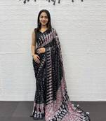 Black Color Heavy Mirror Work with Elegant Viscose Latkan Pallu Border Work Satin Silk Saree
