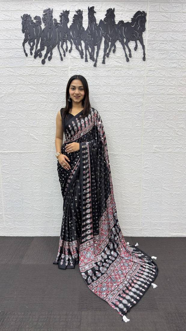 Black Color Heavy Mirror Work with Elegant Viscose Latkan Pallu Border Work Satin Silk Saree