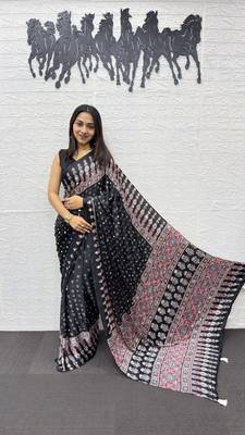 Black Color Heavy Mirror Work with Elegant Viscose Latkan Pallu Border Work Satin art silk saree 2