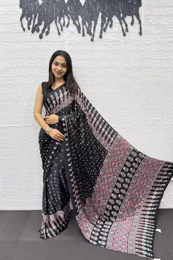 Black Color Heavy Mirror Work with Elegant Viscose Latkan Pallu Border Work Satin art silk saree