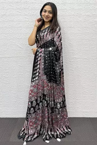 Black Color Heavy Mirror Work with Elegant Viscose Latkan Pallu Border Work Satin art silk saree