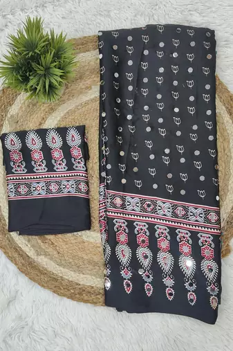 Black Color Heavy Mirror Work with Elegant Viscose Latkan Pallu Border Work Satin art silk saree