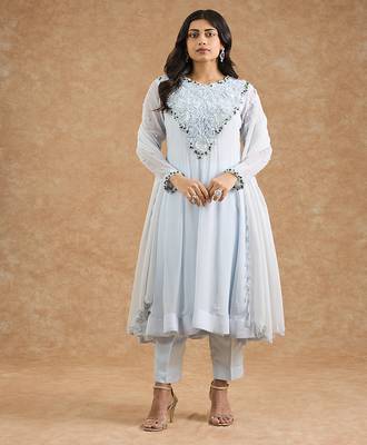 Light blue georgette applique work anarkali set 1