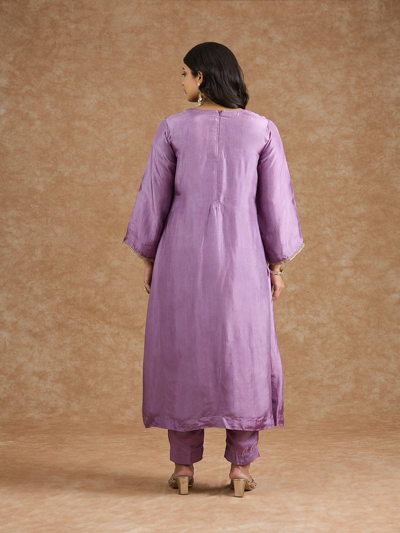 Dull purple opara silk hand embroidered kurta set