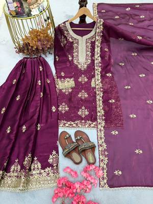 Purple silk readymade suit with embroidered diamond  4