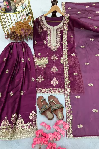 Purple silk readymade suit with embroidered diamond 