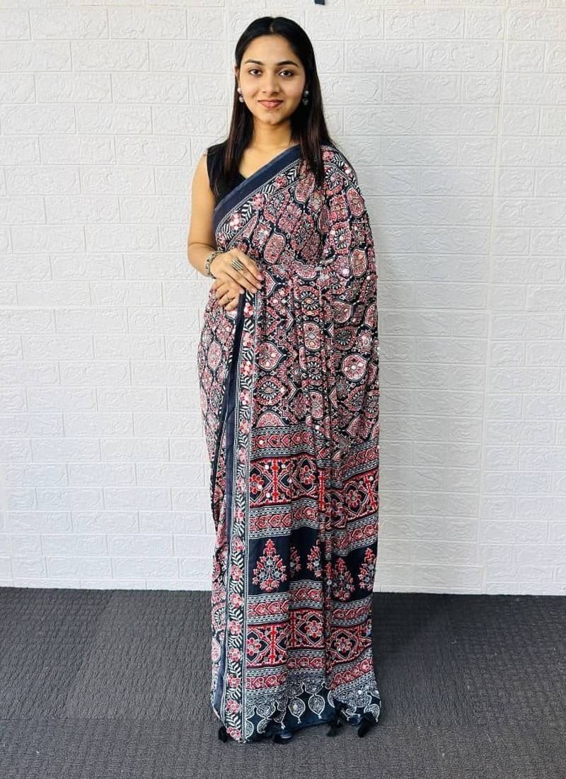 Black Color  Heavy Mirror Work with Elegant Latkan Pallu Border Work Satin Saree