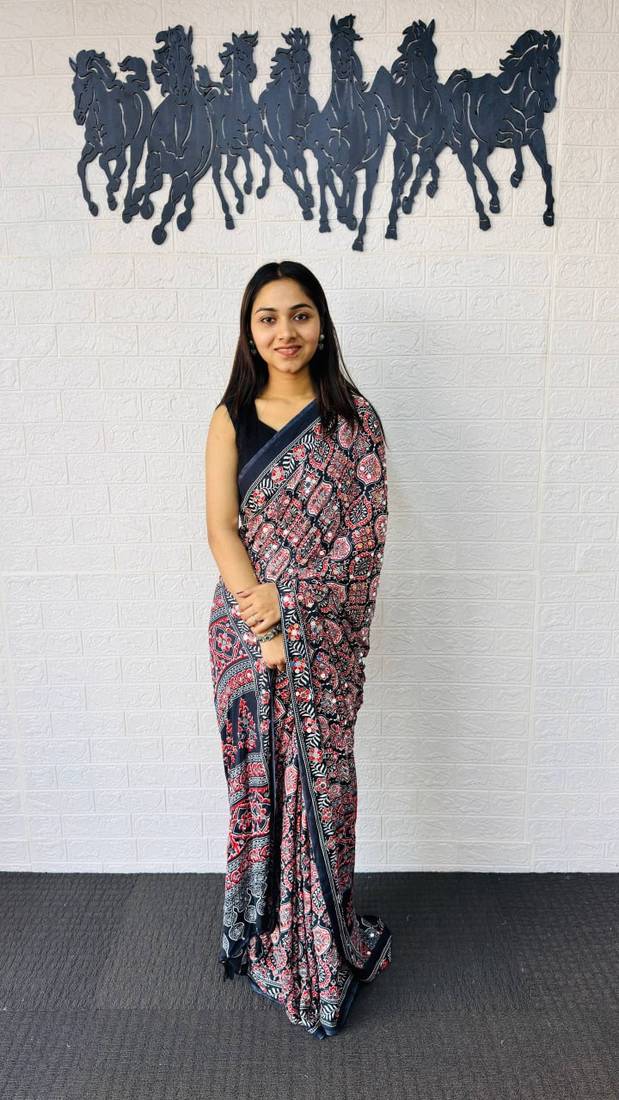 Black Color  Heavy Mirror Work with Elegant Latkan Pallu Border Work Satin Saree