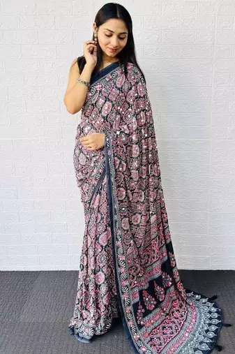 Black Color  Heavy Mirror Work with Elegant Latkan Pallu Border Work Satin Saree