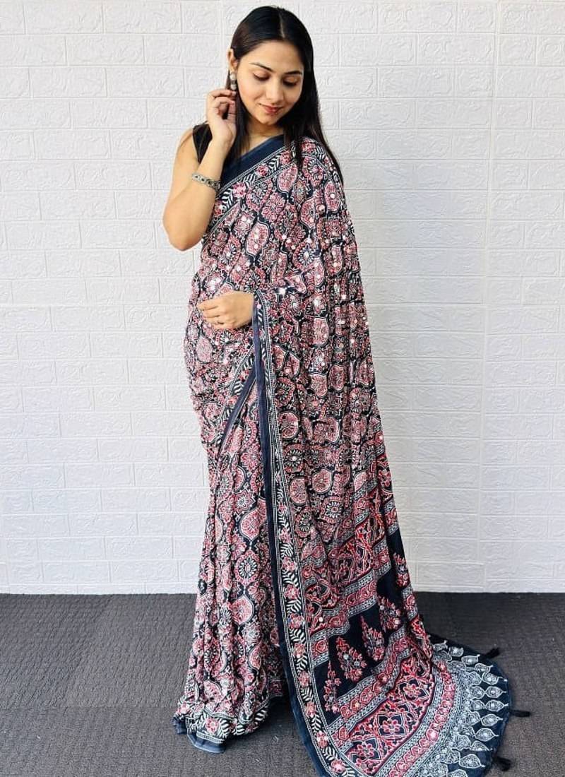 Black Color  Heavy Mirror Work with Elegant Latkan Pallu Border Work Satin Saree