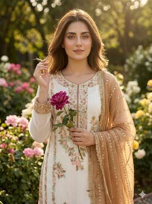 Brown & white gimmy chu readymade suit with embroidered moti  3