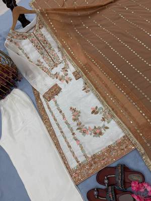 Brown & white gimmy chu readymade suit with embroidered moti  4