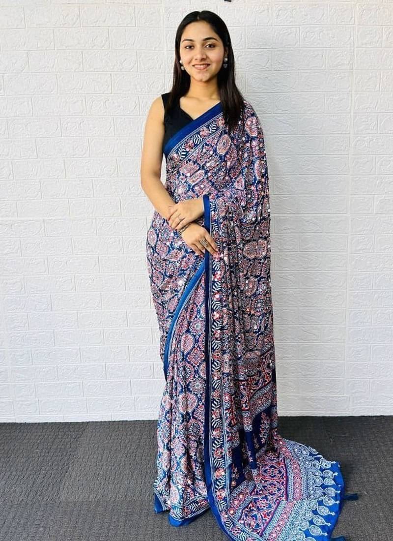 Blue Color  Heavy Mirror Work with Elegant Latkan Pallu Border Work Satin Saree
