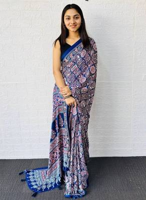 Blue Color  Heavy Mirror Work with Elegant Latkan Pallu Border Work Satin Saree 3