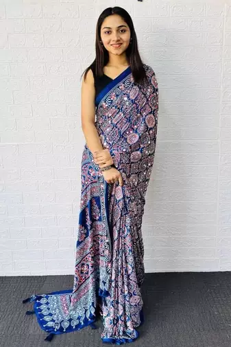 Blue Color  Heavy Mirror Work with Elegant Latkan Pallu Border Work Satin Saree