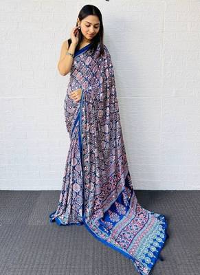Blue Color  Heavy Mirror Work with Elegant Latkan Pallu Border Work Satin Saree 4