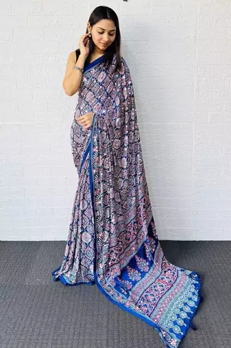 Blue Color  Heavy Mirror Work with Elegant Latkan Pallu Border Work Satin Saree