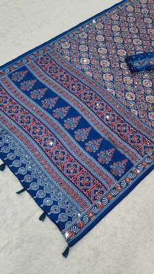 Blue Color  Heavy Mirror Work with Elegant Latkan Pallu Border Work Satin Saree 5