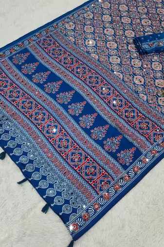 Blue Color  Heavy Mirror Work with Elegant Latkan Pallu Border Work Satin Saree