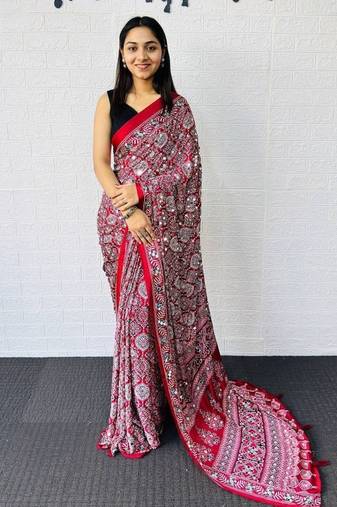 Maroon Color  Heavy Mirror Work with Elegant Latkan Pallu Border Work Satin Saree