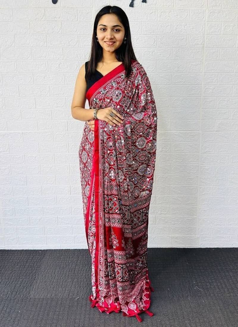 Maroon Color  Heavy Mirror Work with Elegant Latkan Pallu Border Work Satin Saree