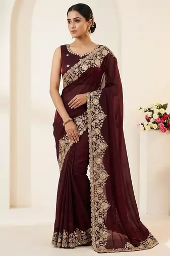  Soft Space Silk Embroidered Women's Saree With Blouse Set 