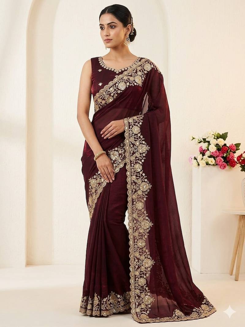 Soft Space Silk Embroidered Women's Saree With Blouse Set 