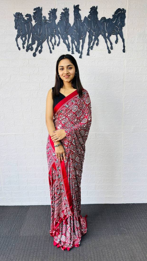 Maroon Color  Heavy Mirror Work with Elegant Latkan Pallu Border Work Satin Saree