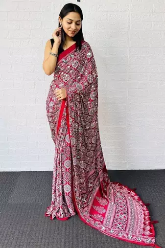 Maroon Color  Heavy Mirror Work with Elegant Latkan Pallu Border Work Satin Saree