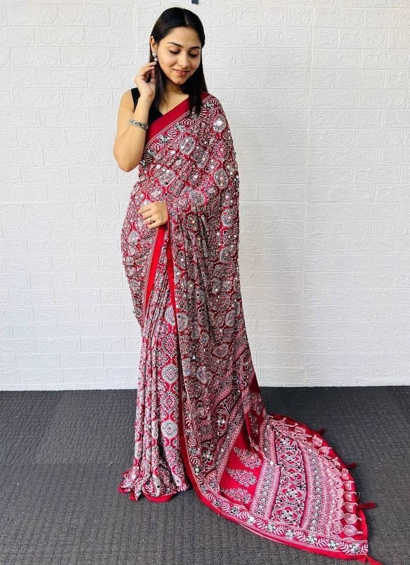 Maroon Color  Heavy Mirror Work with Elegant Latkan Pallu Border Work Satin Saree