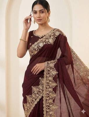  Soft Space Silk Embroidered Women's Saree With Blouse Set  2