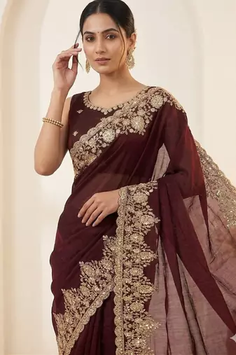  Soft Space Silk Embroidered Women's Saree With Blouse Set 