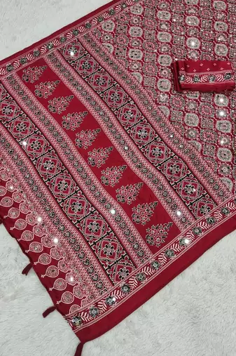Maroon Color  Heavy Mirror Work with Elegant Latkan Pallu Border Work Satin Saree