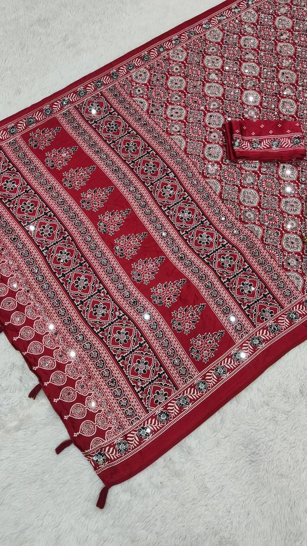 Maroon Color  Heavy Mirror Work with Elegant Latkan Pallu Border Work Satin Saree