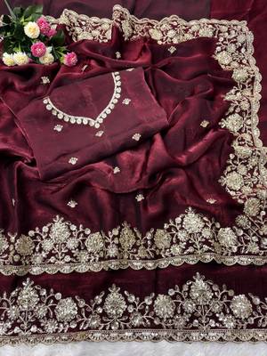  Soft Space Silk Embroidered Women's Saree With Blouse Set  3