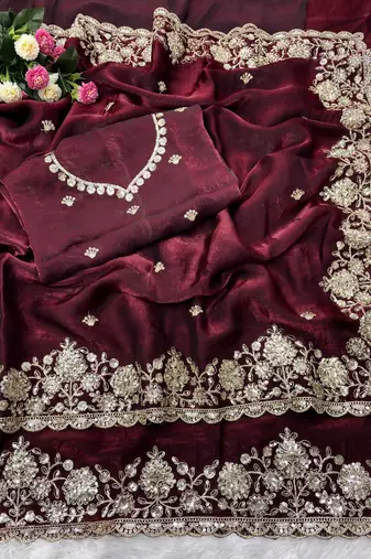  Soft Space Silk Embroidered Women's Saree With Blouse Set 