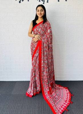 Red Color  Heavy Mirror Work with Elegant Latkan Pallu Border Work Satin Saree 1