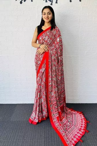 Red Color  Heavy Mirror Work with Elegant Latkan Pallu Border Work Satin Saree