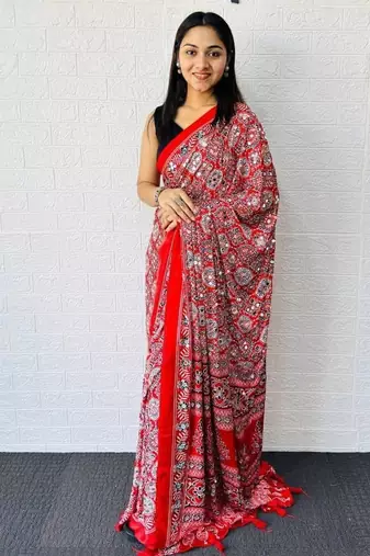 Red Color  Heavy Mirror Work with Elegant Latkan Pallu Border Work Satin Saree
