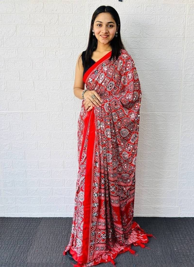 Red Color  Heavy Mirror Work with Elegant Latkan Pallu Border Work Satin Saree