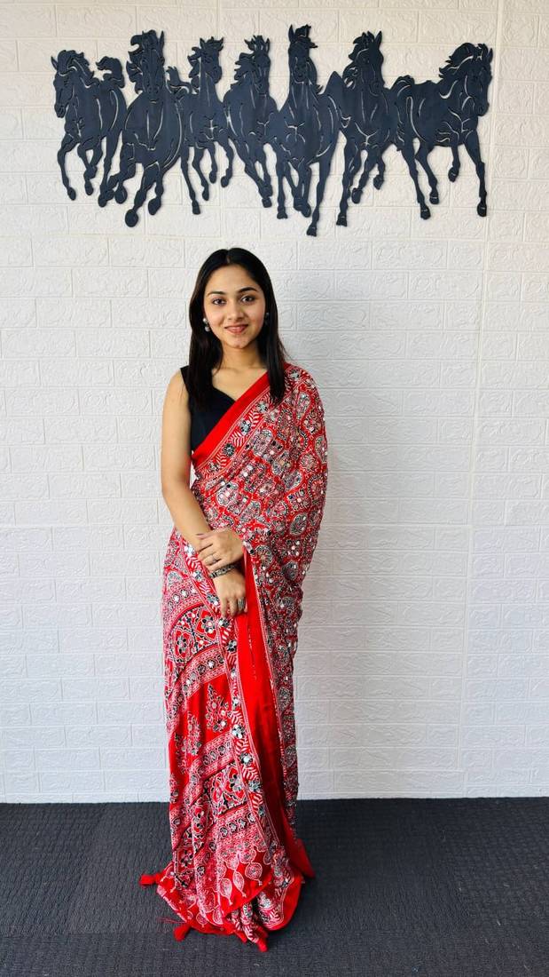 Red Color  Heavy Mirror Work with Elegant Latkan Pallu Border Work Satin Saree