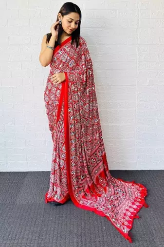 Red Color  Heavy Mirror Work with Elegant Latkan Pallu Border Work Satin Saree