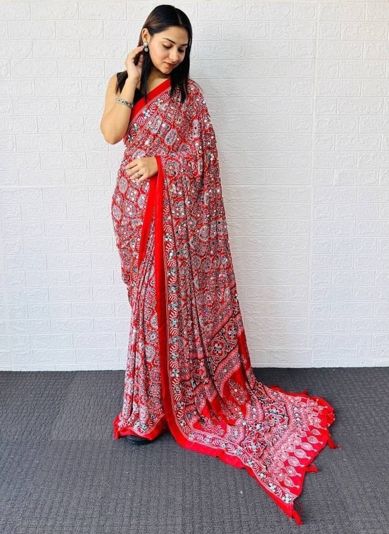 Red Color  Heavy Mirror Work with Elegant Latkan Pallu Border Work Satin Saree