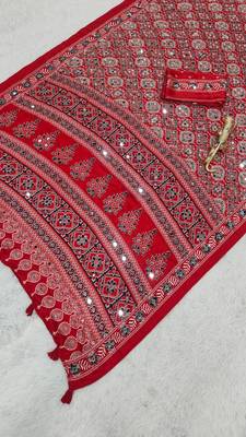 Red Color  Heavy Mirror Work with Elegant Latkan Pallu Border Work Satin Saree 5