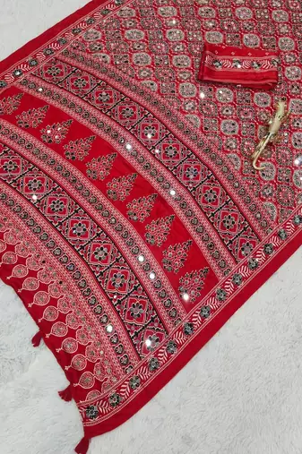 Red Color  Heavy Mirror Work with Elegant Latkan Pallu Border Work Satin Saree