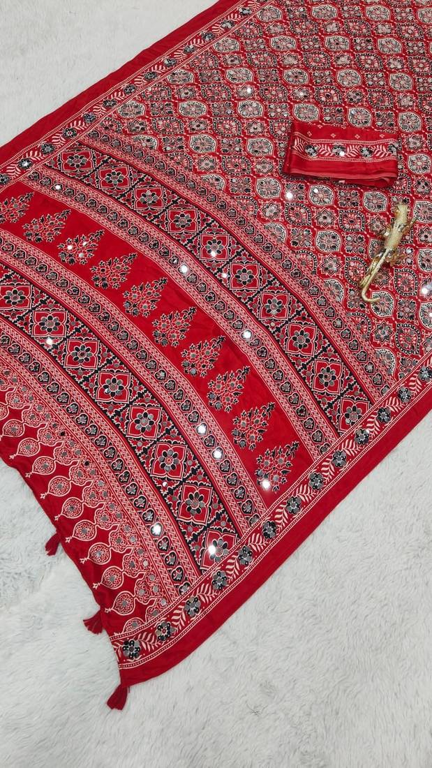 Red Color  Heavy Mirror Work with Elegant Latkan Pallu Border Work Satin Saree