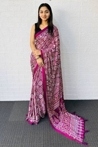 Wine Color  Heavy Mirror Work with Elegant Latkan Pallu Border Work Satin Saree