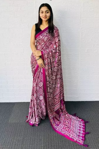 Wine Color  Heavy Mirror Work with Elegant Latkan Pallu Border Work Satin Saree